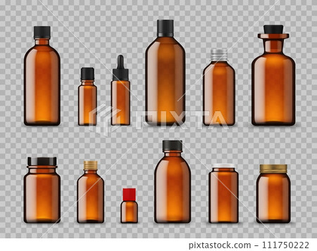 Amber bottles, cosmetic oil and pharmaceutical mockups of brown glass, vector jars. Amber bottles or medicine and pharmacy vials with pipette dropper and black rubber cap for essential oil or syrup 111750222