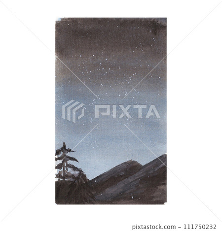 Hand drawn watercolor landscape dark night and mountain isolated on white background. Can be used for cards, poster and other printed products. Hand drawn watercolor landscape dark night and mountain isolated on white background. Can be used for cards, poster and other printed products. 111750232