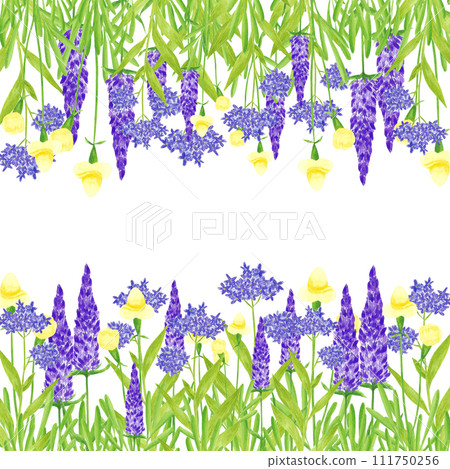 Hand drawn watercolor wildflowers lavender and hortense frame border isolated on white background. Can be used for cards, label, poster and other printed products. 111750256