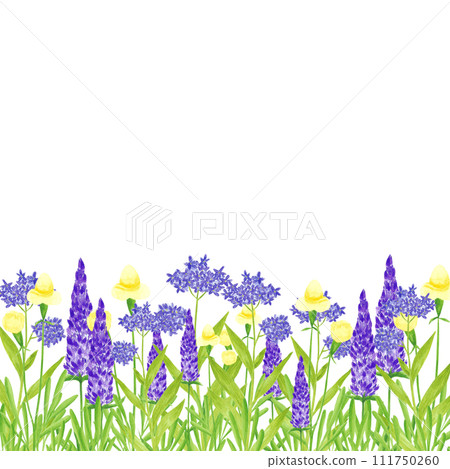 Hand drawn watercolor wildflowers lavender and hortense frame border isolated on white background. Can be used for cards, label, poster and other printed products. 111750260