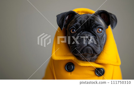 Funny black french buldog in a yellow coat. Funny black french buldog in a yellow coat. 111750310