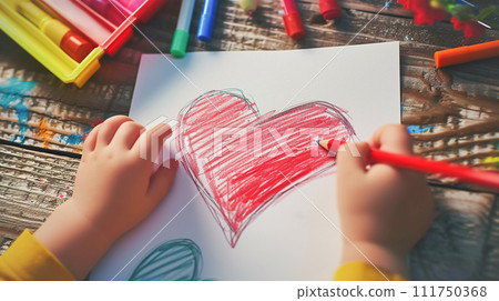 AI-generated content. A child draws a bright red heart, a symbol of love, a holiday card for Mother's Day, March 8. Children's imagination AI-generated content. A child draws a bright red heart, a symbol of love, a holiday card for Mother's Day, March 8. Children's imagination 111750368