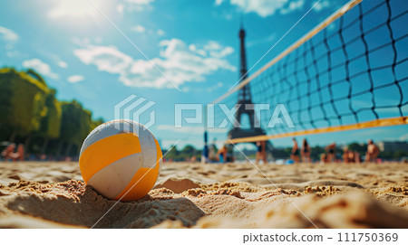 AI-generated content. Close-up of an orange volleyball on sandy court in Paris, with Eiffel Tower in the background, Summer Olympics in 2024 AI-generated content. Close-up of an orange volleyball on sandy court in Paris, with Eiffel Tower in the background, Summer Olympics in 2024 111750369