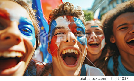 AI-generated content. A group of young fans with their faces painted in colors of French flag cheering event, Fans of Olympic sports AI-generated content. A group of young fans with their faces painted in colors of French flag cheering event, Fans of Olympic sports 111750371