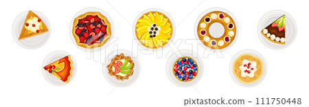 Sugary Dessert and Sweet Baked Pastry Above View Vector Set Sugary Dessert and Sweet Baked Pastry Above View Vector Set 111750448