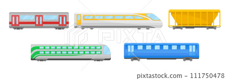 Passenger Train and Railway Carriage Railroad Transport Vector Set 111750478