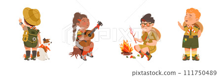 Funny Boy and Girl Scout Character in Uniform Enjoy Adventure Vector Set Funny Boy and Girl Scout Character in Uniform Enjoy Adventure Vector Set 111750489