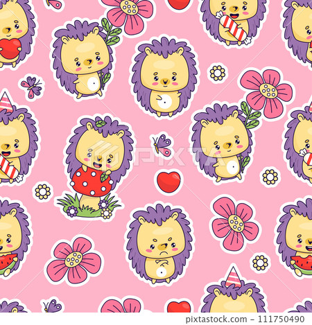 Seamless pattern with cute hedgehogs with fly agaric mushroom, butterflies and flowers on pink background. Vector illustration with funny cartoon kawaii animals. Kids collection. 111750490