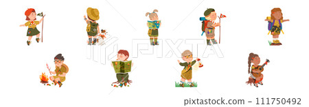 Funny Boy and Girl Scout Character in Uniform Enjoy Adventure Vector Set Funny Boy and Girl Scout Character in Uniform Enjoy Adventure Vector Set 111750492