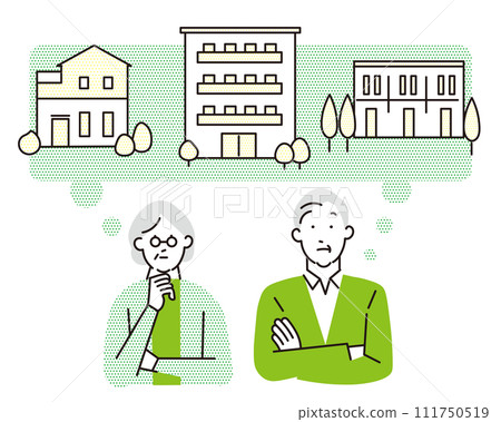 老夫婦思考退休時的地毯問題 — 公寓、公寓、房屋所有權 — 插圖向量集材料 111750519