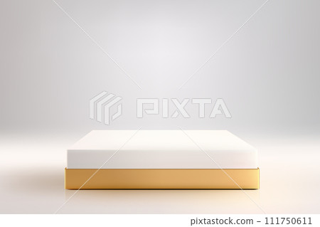 Luxurious geometric podium in white and gold. Vector abstract studio with 3D platform design. Minimal stage for advertising and product promotion. 111750611
