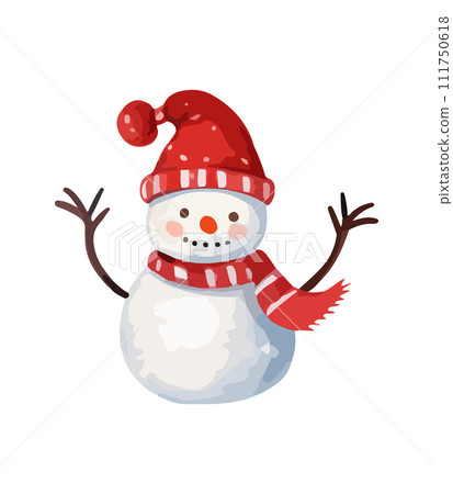 Snowman with a scarf, gloves and hat isolated in a white background in cartoon watercolor style. Flat design. Vector illustration. Snowman with a scarf, gloves and hat isolated in a white background in cartoon watercolor style. Flat design. Vector illustration. 111750618