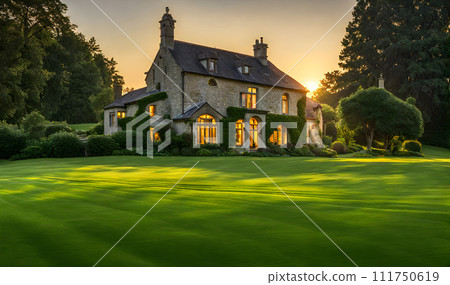 Green grass in the foreground of a wide meadow, country house in the background Green grass in the foreground of a wide meadow, country house in the background 111750619