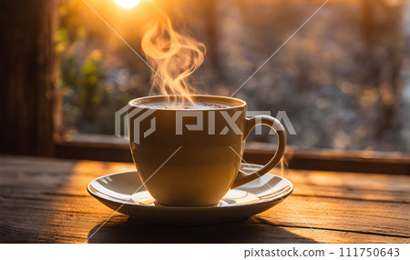 Morning coffee in rustic setting 111750643
