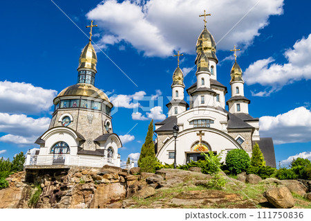 Christian church cross in high steeple tower for prayer 111750836