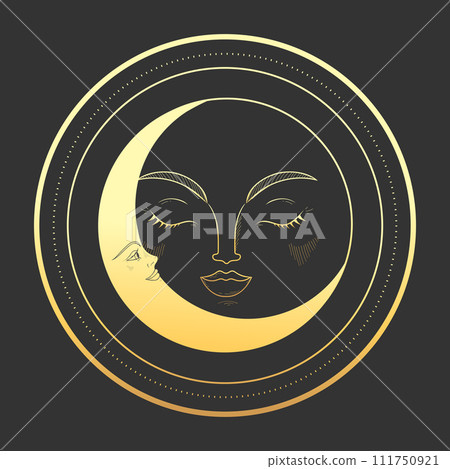 Abstract celestial emblem with a golden crescent and moon. Vector illustration 111750921