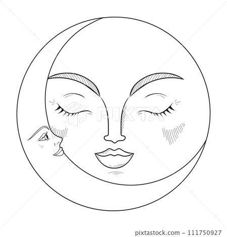 Hand drawn emblem with a crescent and moon. Monochrome magical vector illustration Hand drawn emblem with a crescent and moon. Monochrome magical vector illustration 111750927