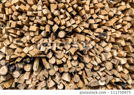 Photography on theme big wall of stacked oak tree logs in cracks Photography on theme big wall of stacked oak tree logs in cracks 111750975