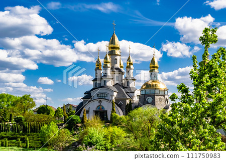 Christian church cross in high steeple tower for prayer 111750983