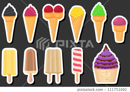 Illustration on theme big kit ice cream popsicle different types in cone waffle cup 111751092