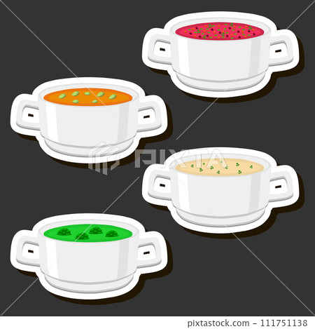 Illustration on theme big set various types beautiful tasty edible hot homemade soups 111751138
