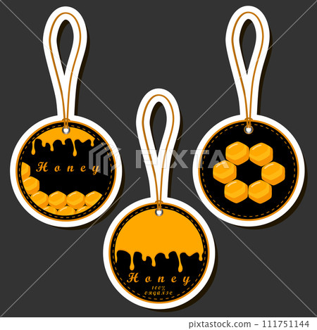 Illustration on theme for label of sugary flowing down honey in honeycomb with bee 111751144