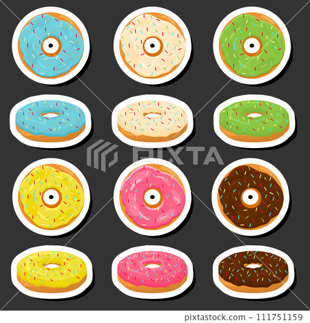Illustration on theme big set different types sticky donuts, sweet doughnuts various size 111751159