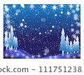 Merry Christmas background in blue with pine forest trees, snow flakes etc. 2023. 111751238