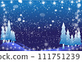 Merry Christmas background in blue with pine forest trees, snow flakes etc. 2023. 111751239