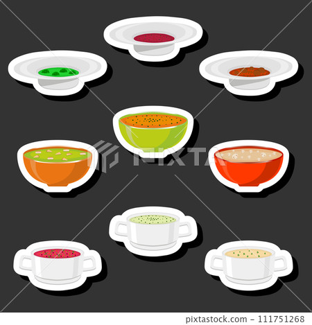 Illustration on theme big set various types beautiful tasty edible hot homemade soups 111751268
