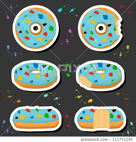 Illustration on theme big set different types sticky donuts, sweet doughnuts various size 111751295
