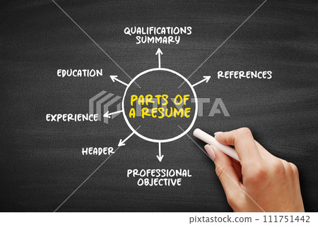 Parts of a Resume (brief summary of personal and professional experiences, skills, and education history) mind map text concept background 111751442