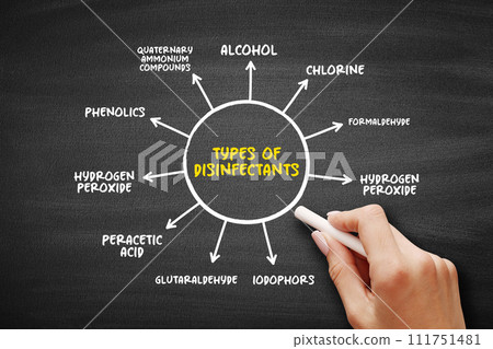 Types of disinfectants (chemical liquid that destroys bacteria) mind map text concept background 111751481