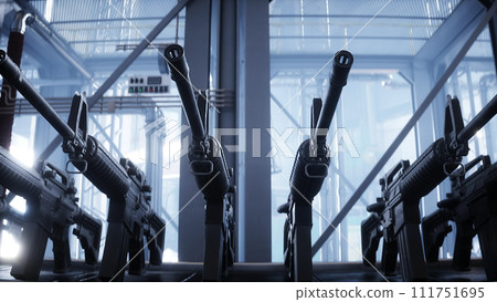 American military machine gun M 16 production line. Factory process. War concept. 3d rendering. American military machine gun M 16 production line. Factory process. War concept. 3d rendering. 111751695