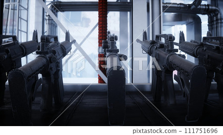 American military machine gun M 16 production line. Factory process. War concept. 3d rendering. American military machine gun M 16 production line. Factory process. War concept. 3d rendering. 111751696