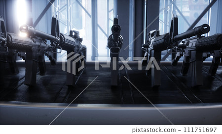 American military machine gun M 16 production line. Factory process. War concept. 3d rendering. 111751697
