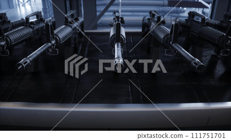 American military machine gun M 16 production line. Factory process. War concept. 3d rendering. American military machine gun M 16 production line. Factory process. War concept. 3d rendering. 111751701