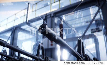 American military machine gun M 16 production line. Factory process. War concept. 3d rendering. American military machine gun M 16 production line. Factory process. War concept. 3d rendering. 111751703