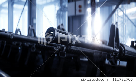 American military machine gun M 16 production line. Factory process. War concept. 3d rendering. American military machine gun M 16 production line. Factory process. War concept. 3d rendering. 111751706