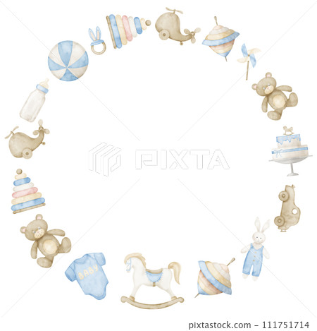 Baby Toys watercolor round Frame. Hand drawn Wreath on isolated background. Template for greeting cards or newborn shower invitations in pastel blue and beige colors. Childish Border for party. 111751714