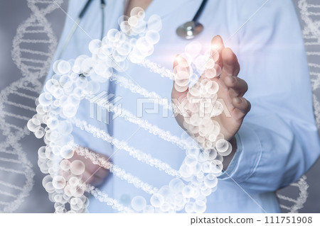 Doctor touches DNA molecule . 111751908