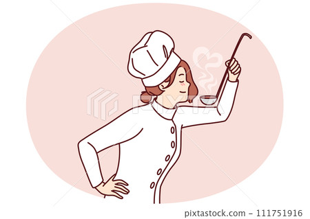 Woman cook with ladle in hand tries soup or sauce from menu preparing dish for restaurant guests Woman cook with ladle in hand tries soup or sauce from menu preparing dish for restaurant guests 111751916