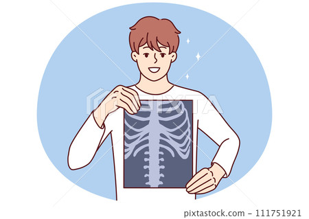 Man applies x-ray film to chest to prove absence of cancerous tumor or spinal injury Man applies x-ray film to chest to prove absence of cancerous tumor or spinal injury 111751921