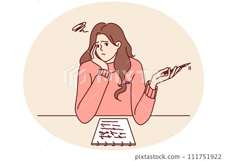Thoughtful girl sitting at desk thinking about what to write in essay given by teacher in university Thoughtful girl sitting at desk thinking about what to write in essay given by teacher in university 111751922