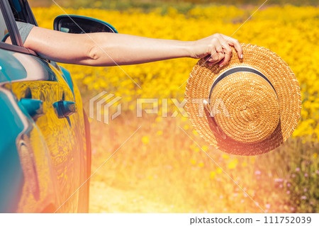 Feminine hand holding straw hat from the opened window of the car in the meadow of yellow flowers 111752039
