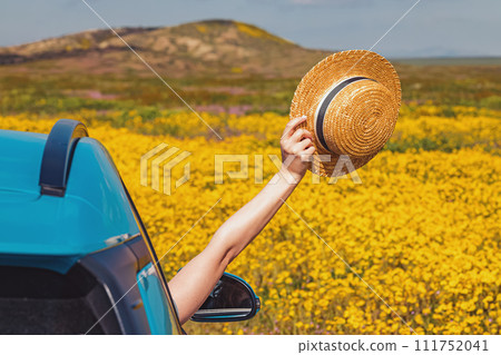 Summer road trip concept. Hat holding a straw hat from opened car window Summer road trip concept. Hat holding a straw hat from opened car window 111752041