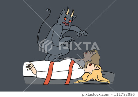 Evil monster steals soul of sleeping, bound woman who needs protection from fairytale devil 111752086