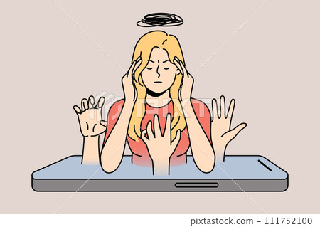 Woman with migraine on mobile phone screen, due to fatigue from constant messages from colleagues 111752100