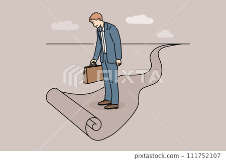 Business man standing at end of path, as metaphor for limitations in career growth 111752107