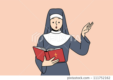 Nun reads bible and raises hand in surprise after learning history of emergence of christianity Nun reads bible and raises hand in surprise after learning history of emergence of christianity 111752162